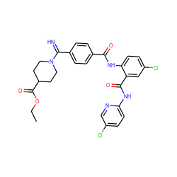 CCOC(=O)C1CCN(C(=N)c2ccc(C(=O)Nc3ccc(Cl)cc3C(=O)Nc3ccc(Cl)cn3)cc2)CC1 ZINC000036126800