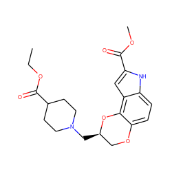 CCOC(=O)C1CCN(C[C@@H]2COc3ccc4[nH]c(C(=O)OC)cc4c3O2)CC1 ZINC000012356309