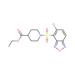 CCOC(=O)C1CCN(S(=O)(=O)c2c(Cl)ccc3nonc23)CC1 ZINC000001033618