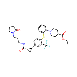 CCOC(=O)C1CCN(c2ccccc2Sc2ccc([C@@H]3C[C@@H]3C(=O)NCCCN3CCCC3=O)cc2C(F)(F)F)CC1 ZINC000028098358