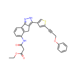 CCOC(=O)CC(=O)Nc1cccc2c1Cc1c-2n[nH]c1-c1csc(C#CCOc2ccccc2)c1 ZINC000028896820