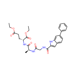 CCOC(=O)CC[C@@H](NC(=O)[C@H](C)NC(=O)CNC(=O)c1cc2ccc(-c3ccccc3)cc2[nH]1)C(=O)OCC ZINC000653849863