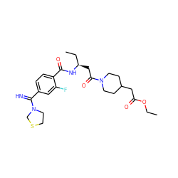 CCOC(=O)CC1CCN(C(=O)C[C@H](CC)NC(=O)c2ccc(C(=N)N3CCSC3)cc2F)CC1 ZINC001772624069