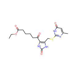 CCOC(=O)CCCCC(=O)c1[nH]c(=O)[nH]c1CSc1nc(C)cc(=O)[nH]1 ZINC000008584552