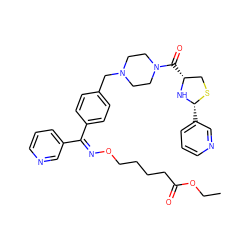 CCOC(=O)CCCCO/N=C(\c1ccc(CN2CCN(C(=O)[C@@H]3CS[C@H](c4cccnc4)N3)CC2)cc1)c1cccnc1 ZINC000096300436