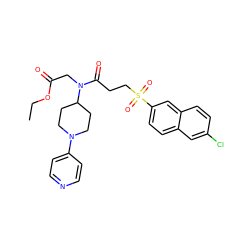 CCOC(=O)CN(C(=O)CCS(=O)(=O)c1ccc2cc(Cl)ccc2c1)C1CCN(c2ccncc2)CC1 ZINC000003992098