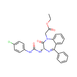 CCOC(=O)CN1C(=O)[C@@H](NC(=O)Nc2ccc(Cl)cc2)N=C(c2ccccc2)c2ccccc21 ZINC000013732596