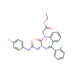 CCOC(=O)CN1C(=O)[C@@H](NC(=O)Nc2ccc(Cl)cc2)N=C(c2ccccc2F)c2ccccc21 ZINC000013732592