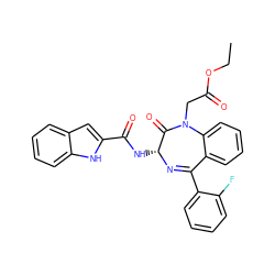 CCOC(=O)CN1C(=O)[C@@H](NC(=O)c2cc3ccccc3[nH]2)N=C(c2ccccc2F)c2ccccc21 ZINC000026290706