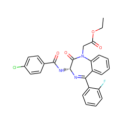 CCOC(=O)CN1C(=O)[C@@H](NC(=O)c2ccc(Cl)cc2)N=C(c2ccccc2F)c2ccccc21 ZINC000013732573