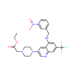 CCOC(=O)CN1CCN(c2cnc3cc(C(F)(F)F)cc(NCc4cccc([N+](=O)[O-])c4)c3c2)CC1 ZINC000071329412