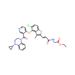 CCOC(=O)CNC(=O)/C=C/c1oc2ccc(Cl)c(Oc3ccncc3C(=O)N3CCN(C4CC4)c4ccccc43)c2c1C ZINC000169349731