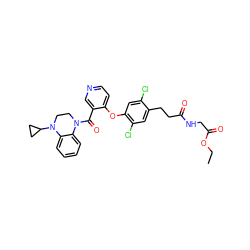 CCOC(=O)CNC(=O)CCc1cc(Cl)c(Oc2ccncc2C(=O)N2CCN(C3CC3)c3ccccc32)cc1Cl ZINC000208006521