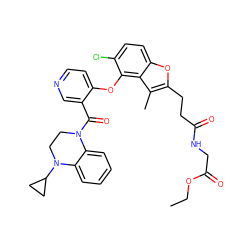 CCOC(=O)CNC(=O)CCc1oc2ccc(Cl)c(Oc3ccncc3C(=O)N3CCN(C4CC4)c4ccccc43)c2c1C ZINC000169349735