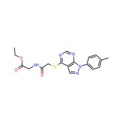 CCOC(=O)CNC(=O)CSc1ncnc2c1cnn2-c1ccc(C)cc1 ZINC000004356136