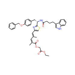 CCOC(=O)COC(=O)/C(C)=C\C(C)=C\c1csc([C@H](Cc2ccc(OCc3ccccc3)cc2)NC(=O)CCCc2c[nH]c3ccccc23)n1 ZINC000169323625