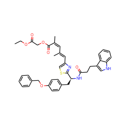 CCOC(=O)COC(=O)/C(C)=C\C(C)=C\c1csc([C@H](Cc2ccc(OCc3ccccc3)cc2)NC(=O)CCc2c[nH]c3ccccc23)n1 ZINC000169322017