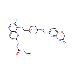 CCOC(=O)COc1ccc2ncc(F)c(CCC34CCC(NCc5ccc6c(n5)NC(=O)CO6)(CC3)CO4)c2n1 ZINC000221848831