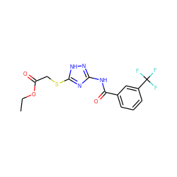 CCOC(=O)CSc1nc(NC(=O)c2cccc(C(F)(F)F)c2)n[nH]1 ZINC000008667038