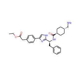 CCOC(=O)Cc1ccc(-c2c[nH]c([C@H](Cc3ccccc3)NC(=O)[C@H]3CC[C@H](CN)CC3)n2)cc1 ZINC000299836514