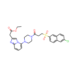 CCOC(=O)Cc1cn2c(N3CCN(C(=O)CCS(=O)(=O)c4ccc5cc(Cl)ccc5c4)CC3)cccc2n1 ZINC000029056535