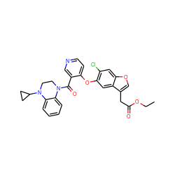 CCOC(=O)Cc1coc2cc(Cl)c(Oc3ccncc3C(=O)N3CCN(C4CC4)c4ccccc43)cc12 ZINC000169349712