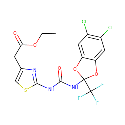 CCOC(=O)Cc1csc(NC(=O)NC2(C(F)(F)F)Oc3cc(Cl)c(Cl)cc3O2)n1 ZINC000095351606