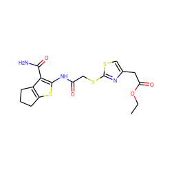 CCOC(=O)Cc1csc(SCC(=O)Nc2sc3c(c2C(N)=O)CCC3)n1 ZINC000002653469