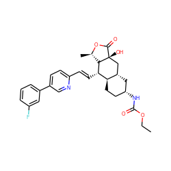 CCOC(=O)N[C@@H]1CC[C@@H]2[C@@H](C1)C[C@@]1(O)C(=O)O[C@H](C)[C@H]1[C@H]2/C=C/c1ccc(-c2cccc(F)c2)cn1 ZINC000103244793