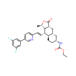 CCOC(=O)N[C@@H]1CC[C@@H]2[C@@H](C1)C[C@H]1C(=O)O[C@H](C)[C@H]1[C@H]2/C=C/c1ccc(-c2cc(F)cc(F)c2)cn1 ZINC000044386343