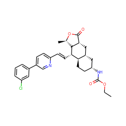 CCOC(=O)N[C@@H]1CC[C@@H]2[C@@H](C1)C[C@H]1C(=O)O[C@H](C)[C@H]1[C@H]2/C=C/c1ccc(-c2cccc(Cl)c2)cn1 ZINC000042888476