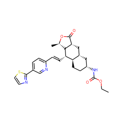 CCOC(=O)N[C@@H]1CC[C@@H]2[C@@H](C1)C[C@H]1C(=O)O[C@H](C)[C@H]1[C@H]2/C=C/c1ccc(-c2nccs2)cn1 ZINC000064513035