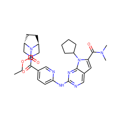 CCOC(=O)N1[C@H]2CC[C@H]1CN(C(=O)c1ccc(Nc3ncc4cc(C(=O)N(C)C)n(C5CCCC5)c4n3)nc1)C2 ZINC000215444823