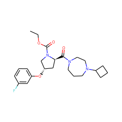 CCOC(=O)N1C[C@@H](Oc2cccc(F)c2)C[C@@H]1C(=O)N1CCCN(C2CCC2)CC1 ZINC000049087498