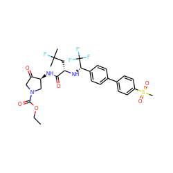 CCOC(=O)N1CC(=O)[C@@H](NC(=O)[C@H](CC(C)(C)F)N[C@@H](c2ccc(-c3ccc(S(C)(=O)=O)cc3)cc2)C(F)(F)F)C1 ZINC000044281161