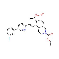 CCOC(=O)N1CC[C@@H]2[C@H](C[C@H]3C(=O)O[C@H](C)[C@H]3[C@H]2/C=C/c2ccc(-c3cccc(F)c3)cn2)C1 ZINC000028712080