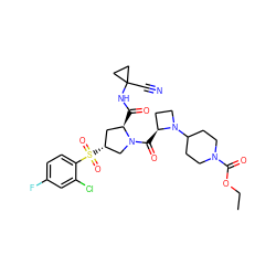 CCOC(=O)N1CCC(N2CC[C@@H]2C(=O)N2C[C@H](S(=O)(=O)c3ccc(F)cc3Cl)C[C@H]2C(=O)NC2(C#N)CC2)CC1 ZINC000169705310