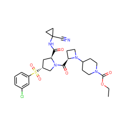 CCOC(=O)N1CCC(N2CC[C@@H]2C(=O)N2C[C@H](S(=O)(=O)c3cccc(Cl)c3)C[C@H]2C(=O)NC2(C#N)CC2)CC1 ZINC000169705320