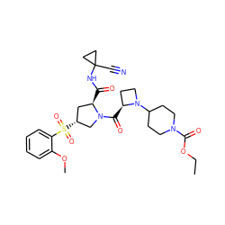 CCOC(=O)N1CCC(N2CC[C@@H]2C(=O)N2C[C@H](S(=O)(=O)c3ccccc3OC)C[C@H]2C(=O)NC2(C#N)CC2)CC1 ZINC000169705325