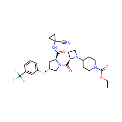 CCOC(=O)N1CCC(N2CC[C@@H]2C(=O)N2C[C@H](Sc3cccc(C(F)(F)F)c3)C[C@H]2C(=O)NC2(C#N)CC2)CC1 ZINC000169705318