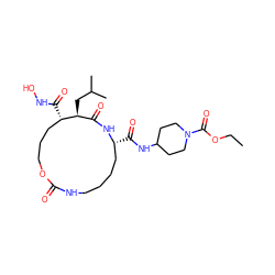 CCOC(=O)N1CCC(NC(=O)[C@@H]2CCCCNC(=O)OCCC[C@H](C(=O)NO)[C@@H](CC(C)C)C(=O)N2)CC1 ZINC000026578217