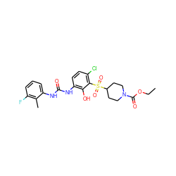 CCOC(=O)N1CCC(S(=O)(=O)c2c(Cl)ccc(NC(=O)Nc3cccc(F)c3C)c2O)CC1 ZINC000115478287