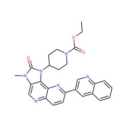 CCOC(=O)N1CCC(n2c(=O)n(C)c3cnc4ccc(-c5cnc6ccccc6c5)nc4c32)CC1 ZINC000118549433