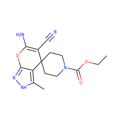 CCOC(=O)N1CCC2(CC1)C(C#N)=C(N)Oc1n[nH]c(C)c12 ZINC000006646144