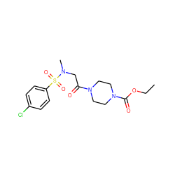 CCOC(=O)N1CCN(C(=O)CN(C)S(=O)(=O)c2ccc(Cl)cc2)CC1 ZINC000000780738