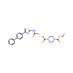 CCOC(=O)N1CCN(C(=O)CSCC(=O)Nc2nc(-c3ccc(-c4ccccc4)cc3)cs2)CC1 ZINC000008653919