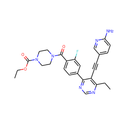 CCOC(=O)N1CCN(C(=O)c2ccc(-c3ncnc(CC)c3C#Cc3ccc(N)nc3)cc2F)CC1 ZINC000148517444