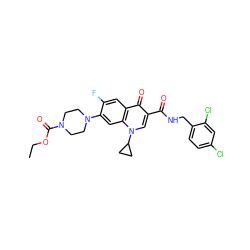 CCOC(=O)N1CCN(c2cc3c(cc2F)c(=O)c(C(=O)NCc2ccc(Cl)cc2Cl)cn3C2CC2)CC1 ZINC000043011757