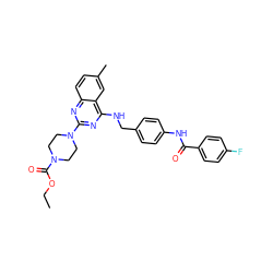 CCOC(=O)N1CCN(c2nc(NCc3ccc(NC(=O)c4ccc(F)cc4)cc3)c3cc(C)ccc3n2)CC1 ZINC000141765216