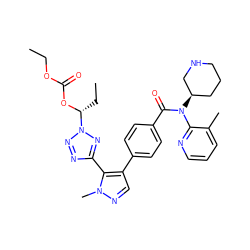 CCOC(=O)O[C@H](CC)n1nnc(-c2c(-c3ccc(C(=O)N(c4ncccc4C)[C@@H]4CCCNC4)cc3)cnn2C)n1 ZINC001772601521